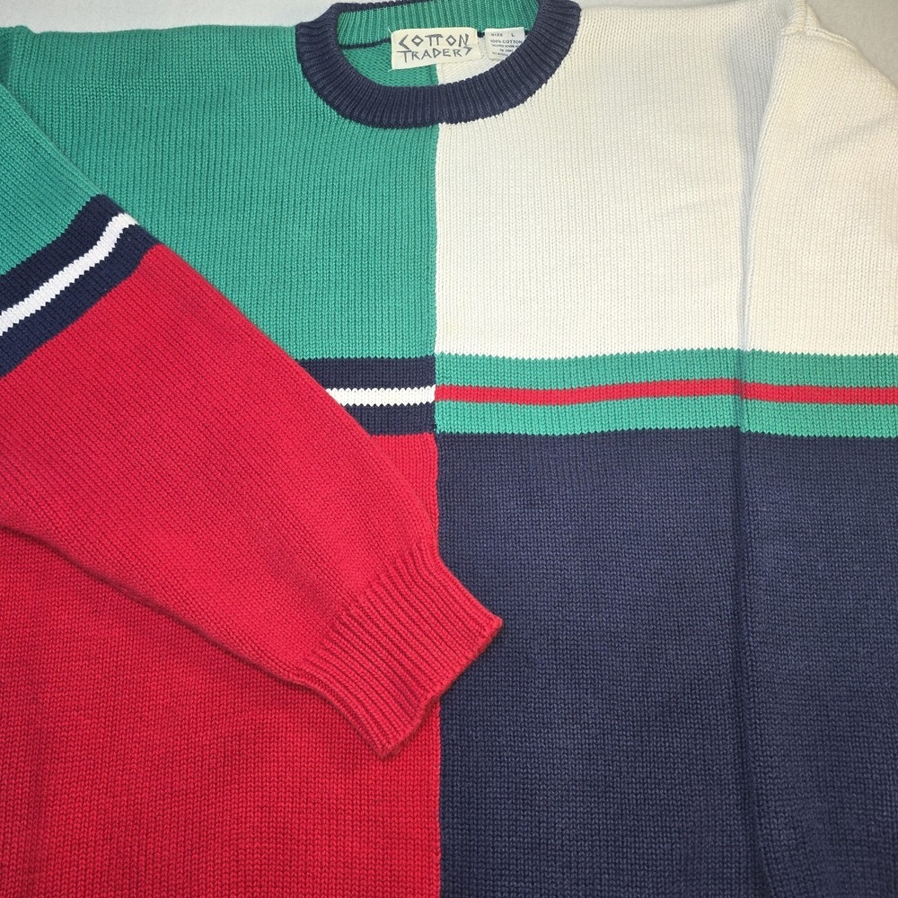 Vtg Cotton Traders Sweater Men's L 90s Colorblock 3D Knit Coogi Style Grandpa XL